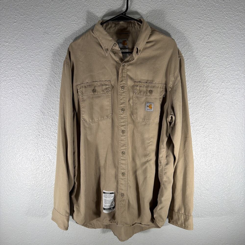 Carhartt Men’s Large Fire Resistant Long Sleeve Button workwear tan khaki